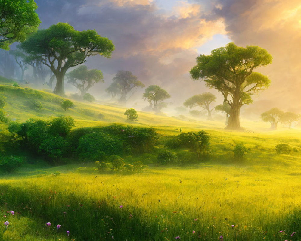 Tranquil green meadow with misty sunlight under cloudy sky