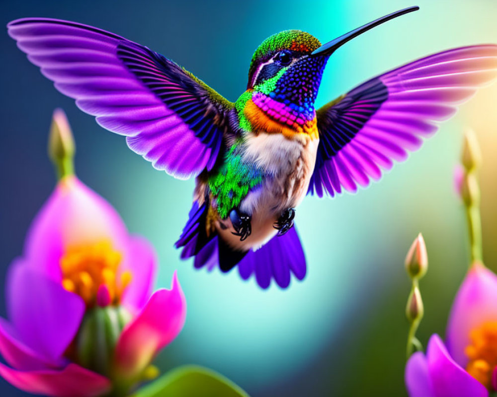 Colorful hummingbird near vibrant flowers on blurred background