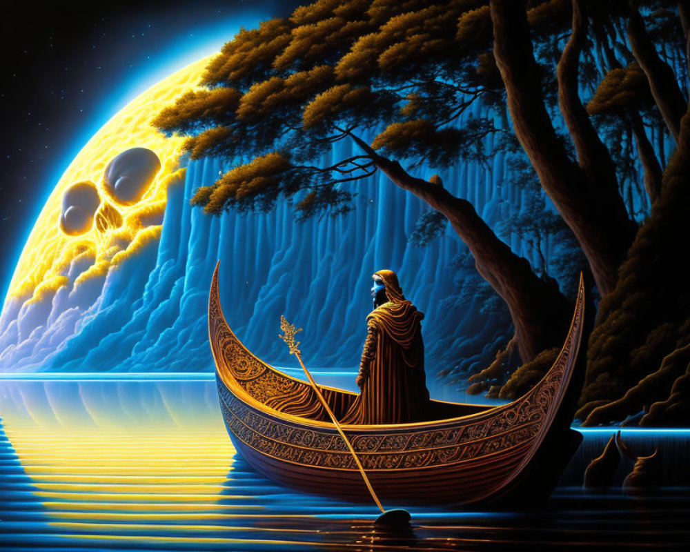 Robed figure on boat with staff, skull backdrop, glowing horizon