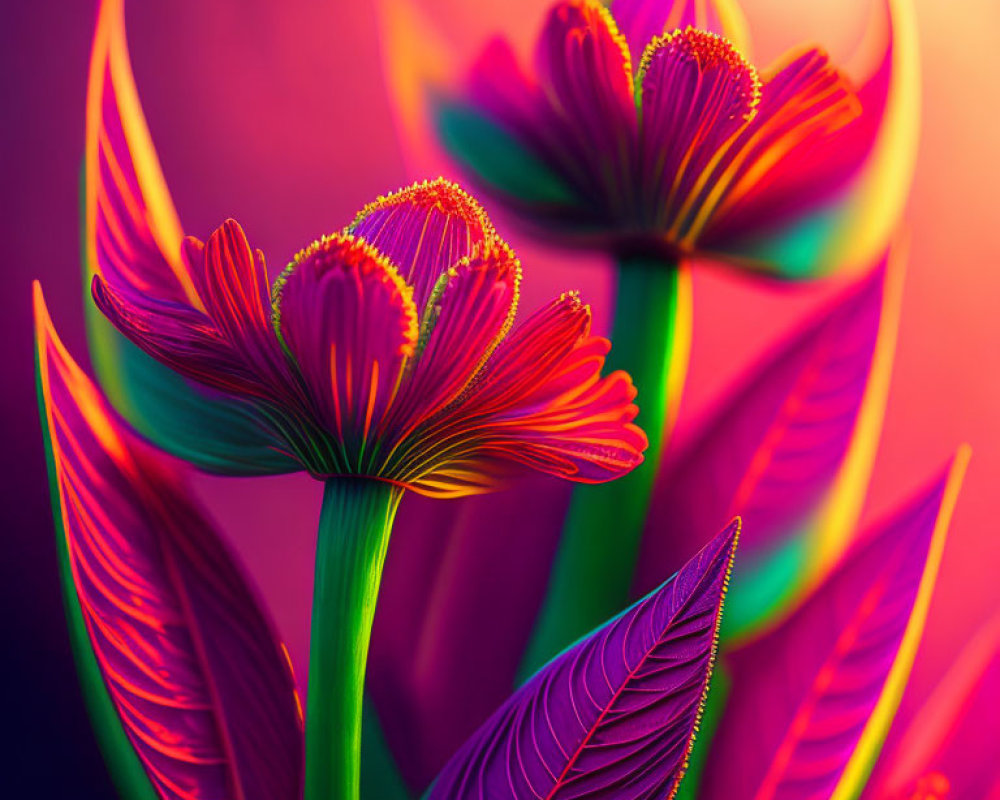 Colorful digital artwork: Stylized neon flowers on blurred background