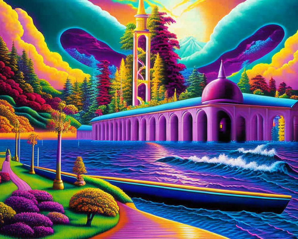 Colorful surreal landscape with whimsical trees and mosque-like structure