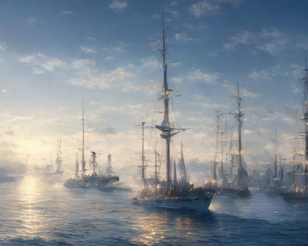 Tall ships with billowing sails in misty waters under the sun