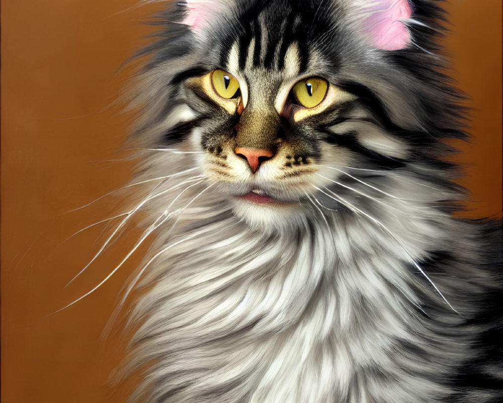 Tabby Cat with Long Hair and Striking Yellow Eyes on Warm Brown Background