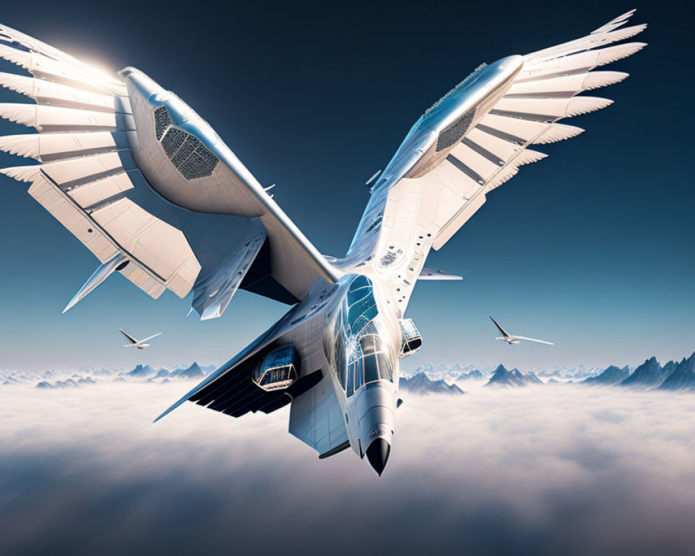 Futuristic aircraft with expansive wings flying above clouds