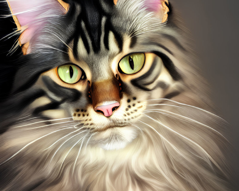 Maine Coon Cat Digital Art Portrait with Green Eyes and Tabby Markings