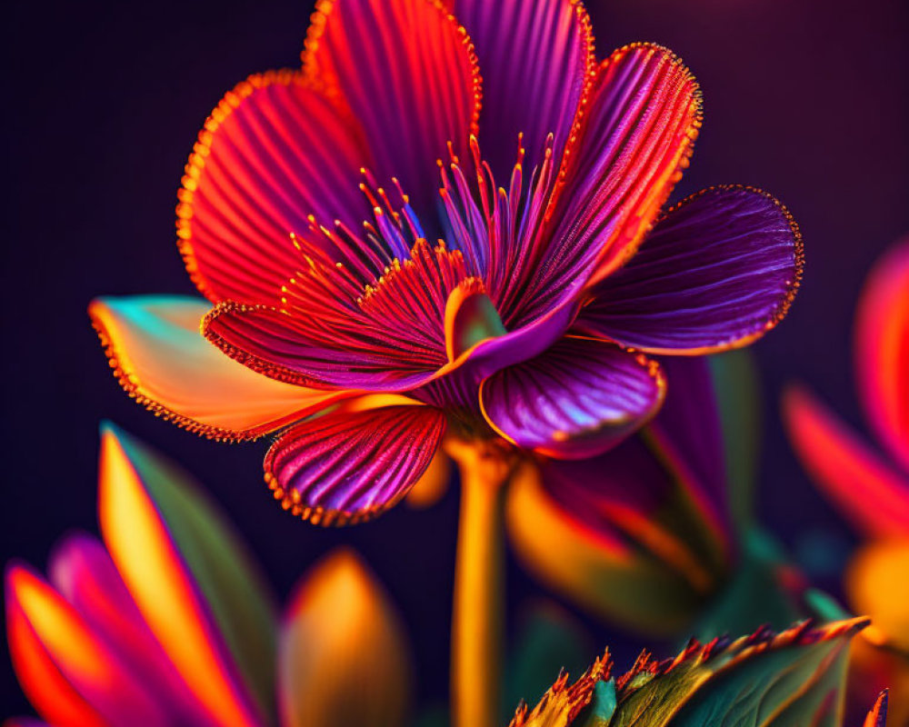 Vibrant digital art of red and purple luminescent flower on dark background