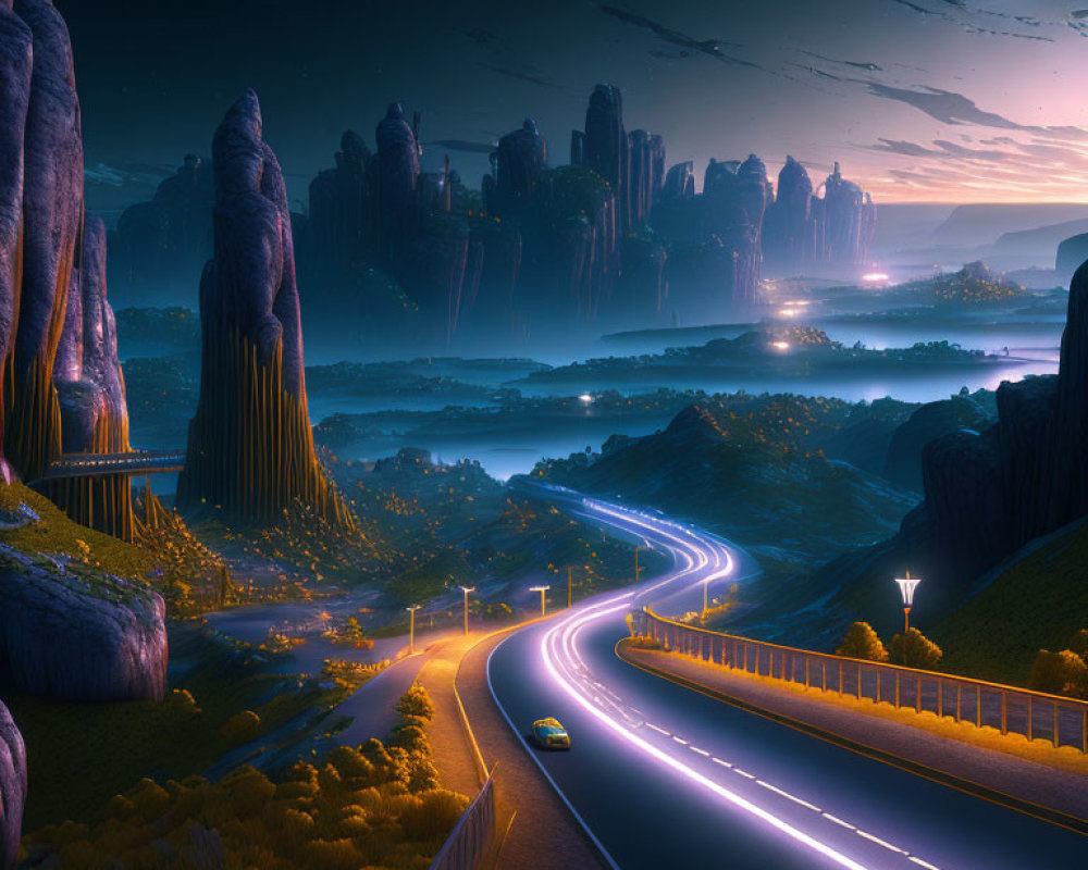 Futuristic night landscape with glowing road, car, towering rocks, city lights, starry sky