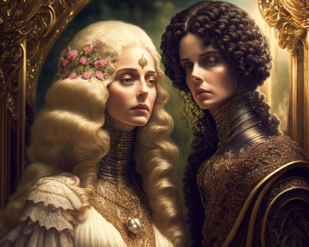 Two regal women in fantastical setting with blonde and brunette hair, adorned in rich garments