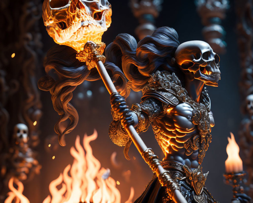 Surreal figure with skull head, ornate armor, flaming staff in fiery setting