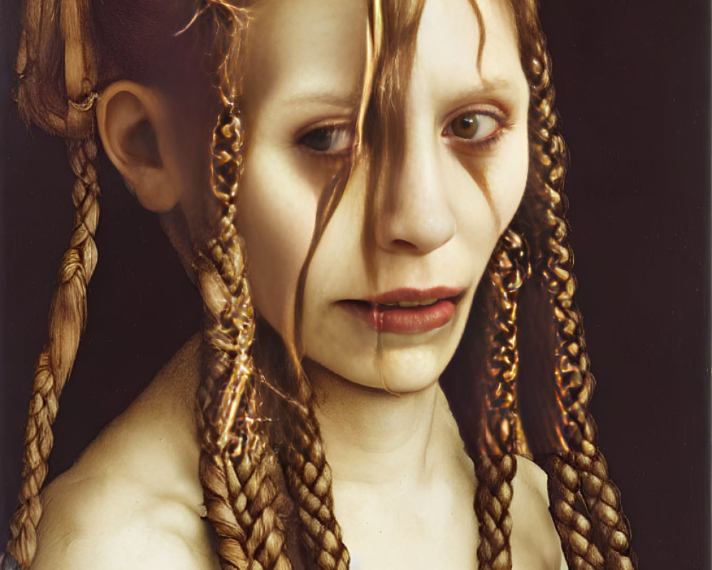 Portrait of woman with pale skin, thick braids, copper wire, white blouse, and dark jacket