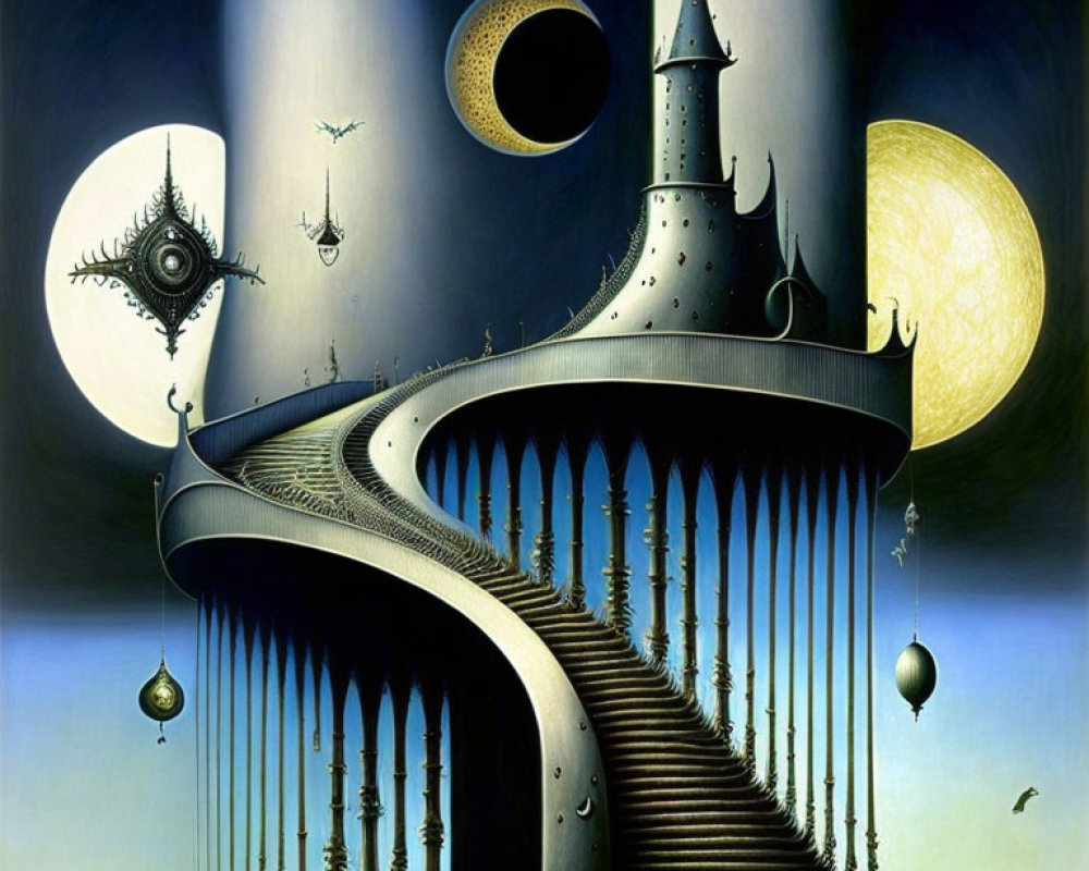 Surreal artwork of castle-like structure blending into night sky