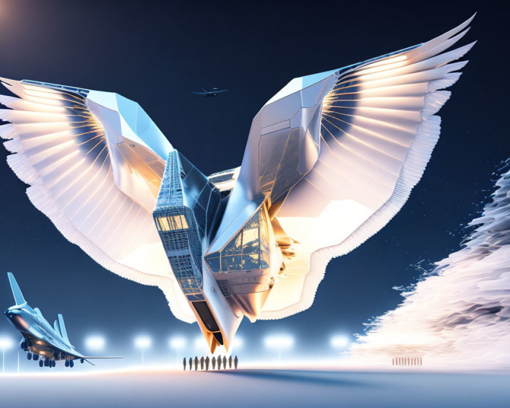 Futuristic Bird-Shaped Flying Structure with Mechanical Wings in Twilight Sky