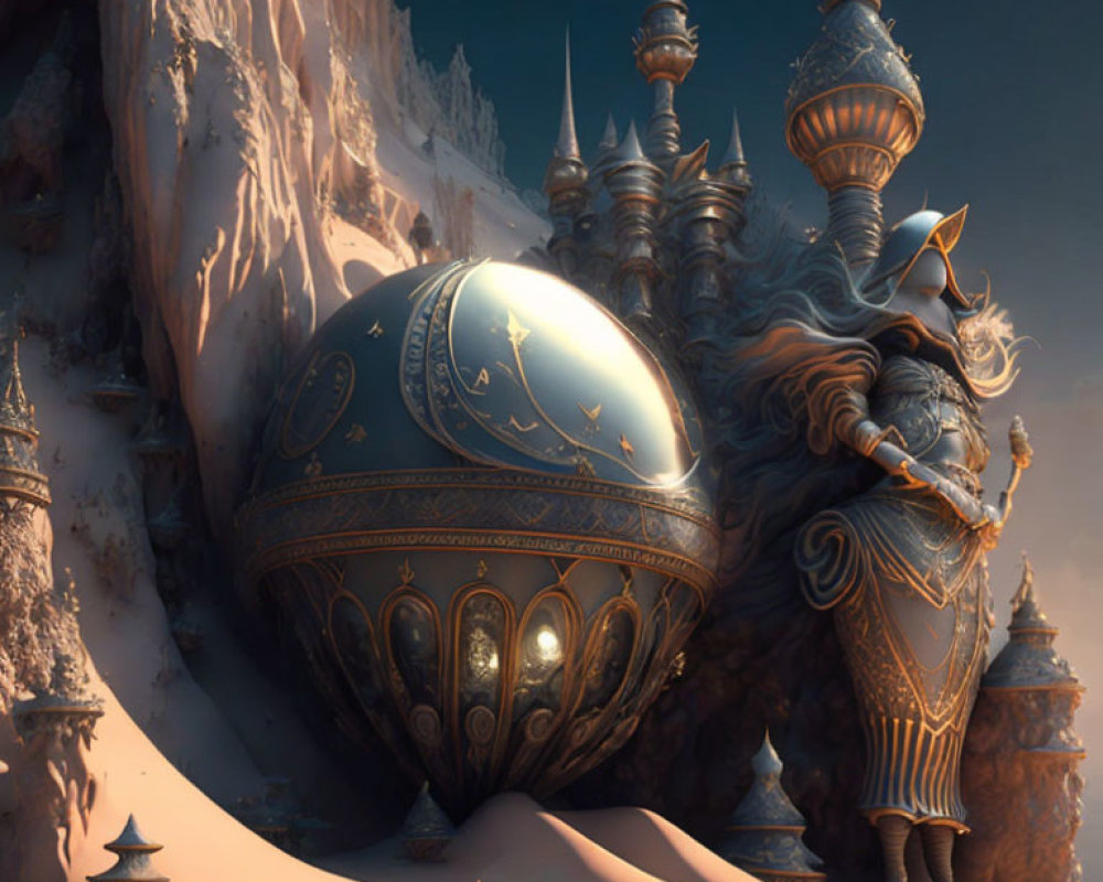 Ornate metallic egg structure in snowy landscape with spires and cliffs