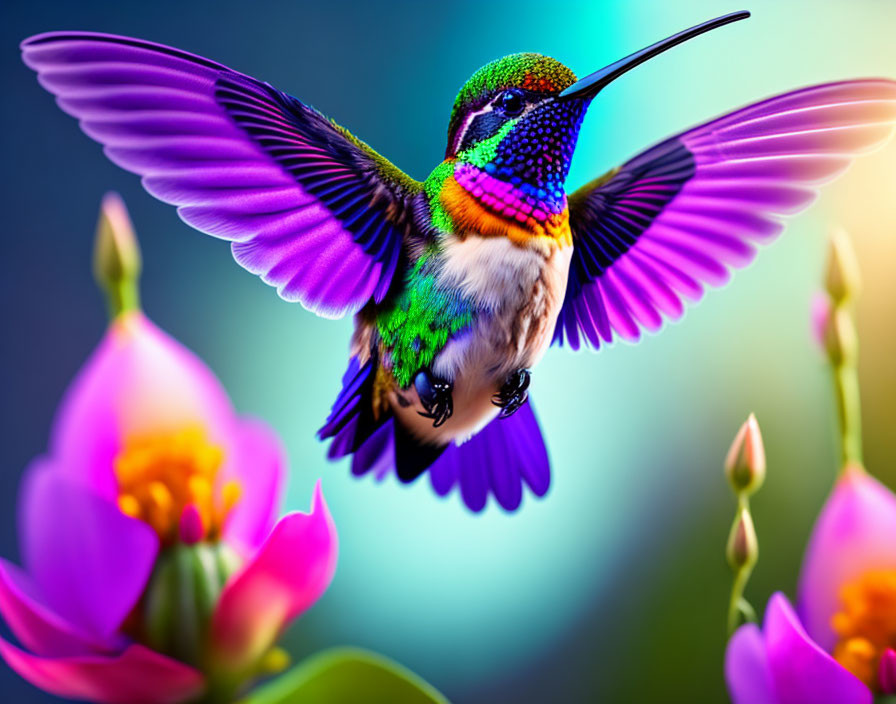 Colorful hummingbird near vibrant flowers on blurred background