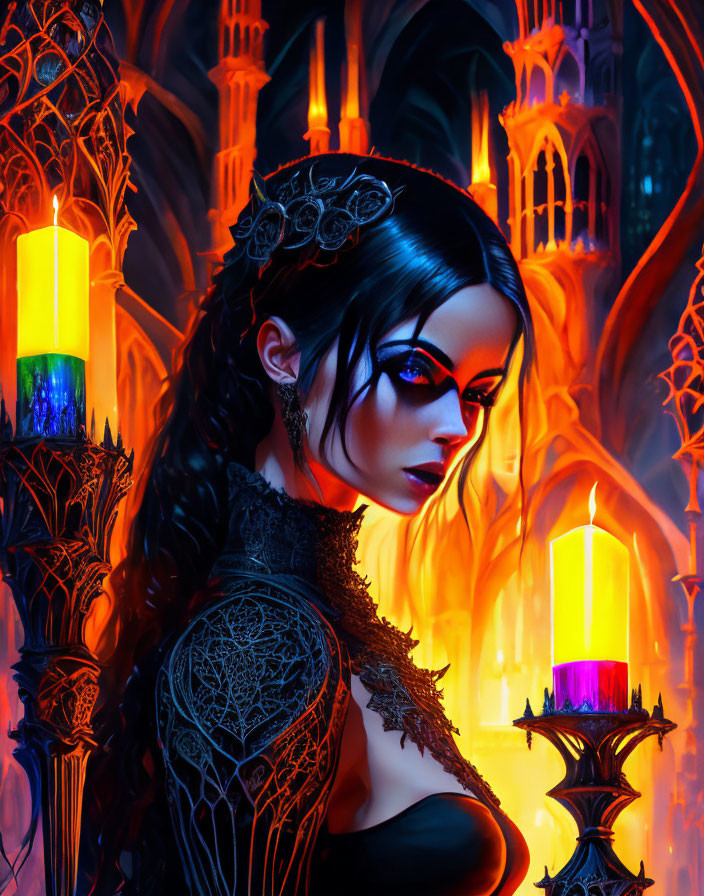 Gothic woman in black lace attire by candles and stained glass.