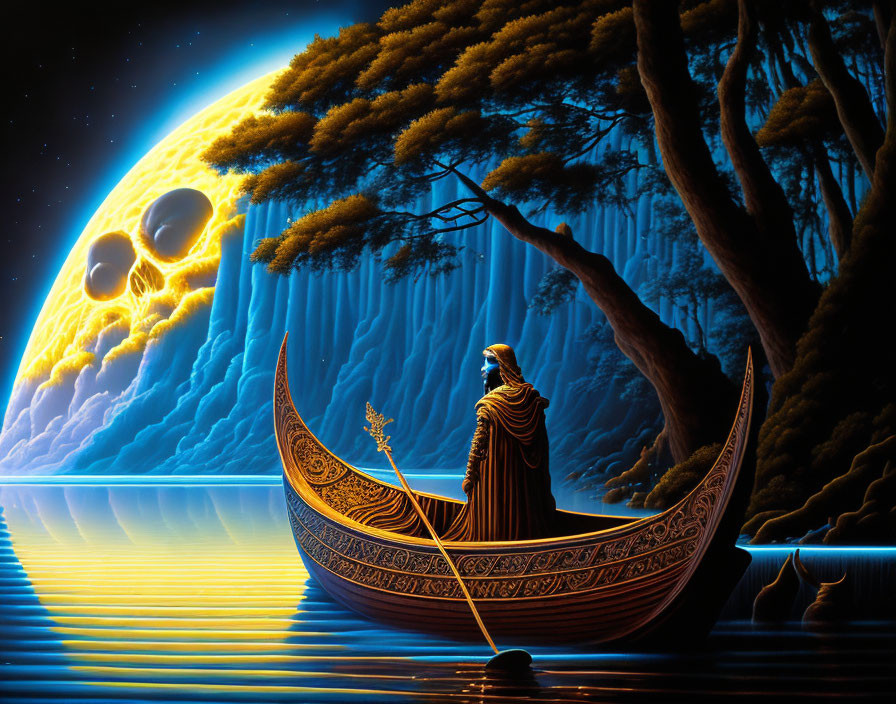 Robed figure on boat with staff, skull backdrop, glowing horizon