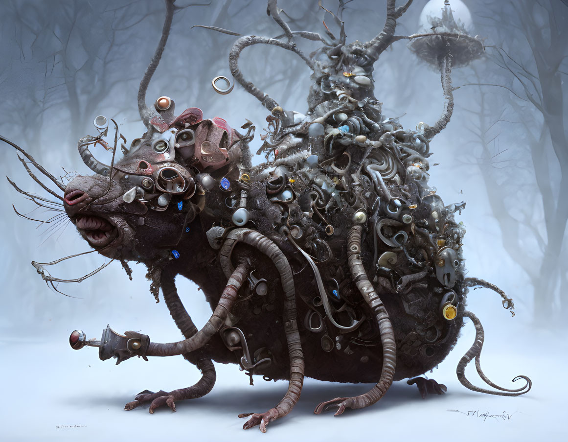 Surreal rodent-like creature with mechanical parts in misty forest