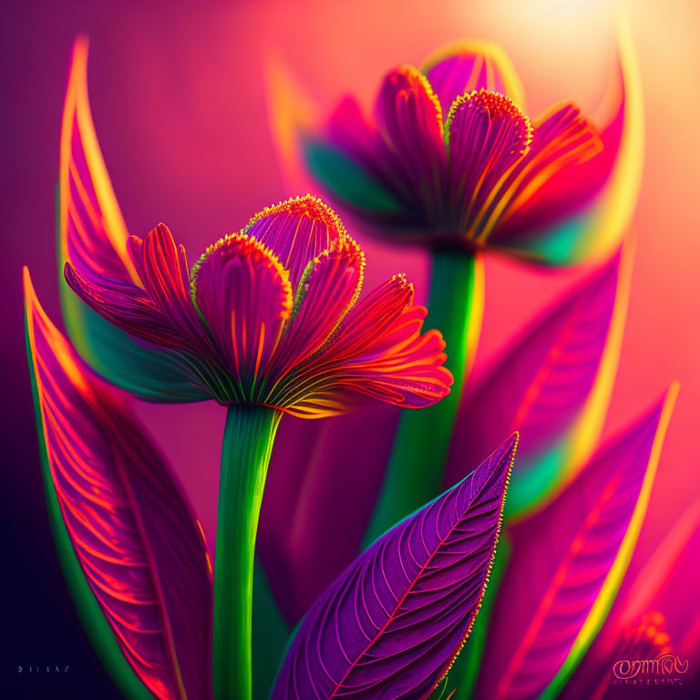 Colorful digital artwork: Stylized neon flowers on blurred background