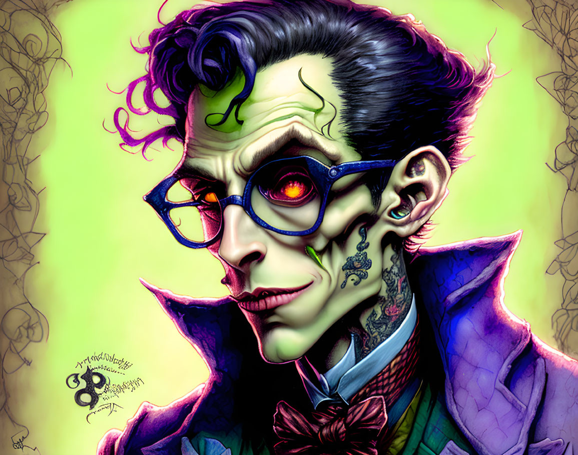 Stylized Joker with green hair, red eyes, glasses, tattoos on greenish background.