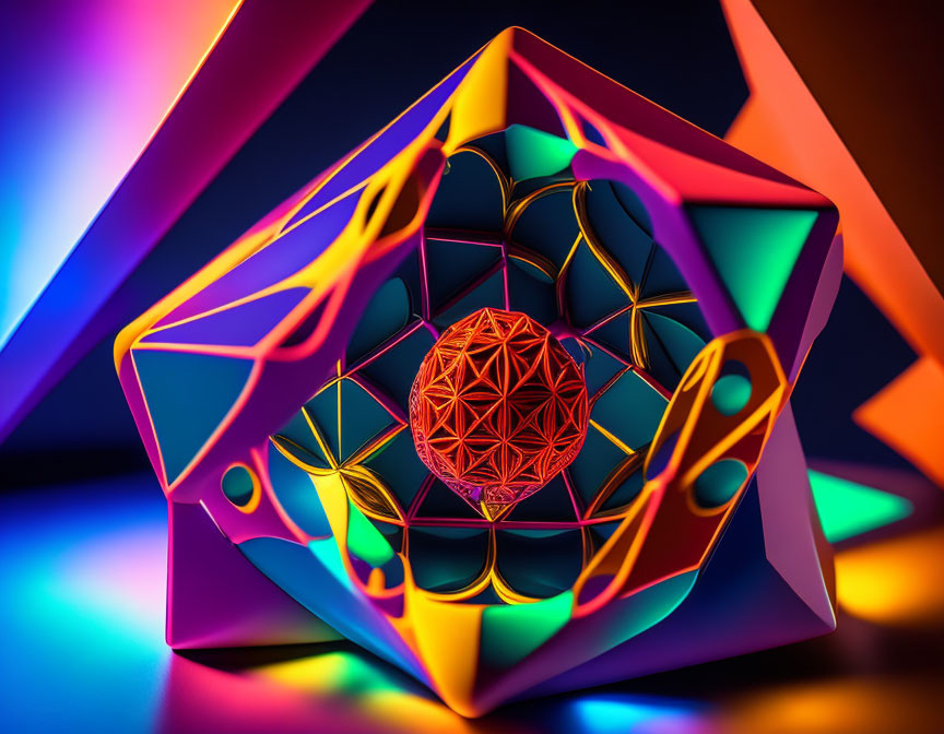 Colorful 3D Render of Nested Geometric Shapes with Red Sphere