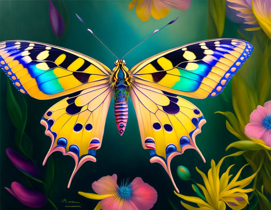 Colorful Butterfly Illustration with Yellow and Blue Wings on Floral Background