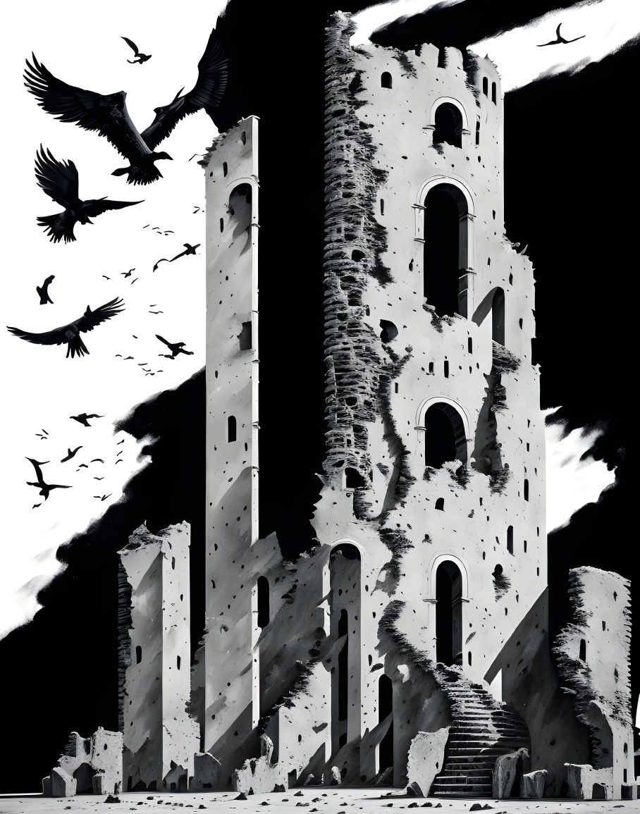 Monochromatic image of tall, dilapidated tower with flying birds