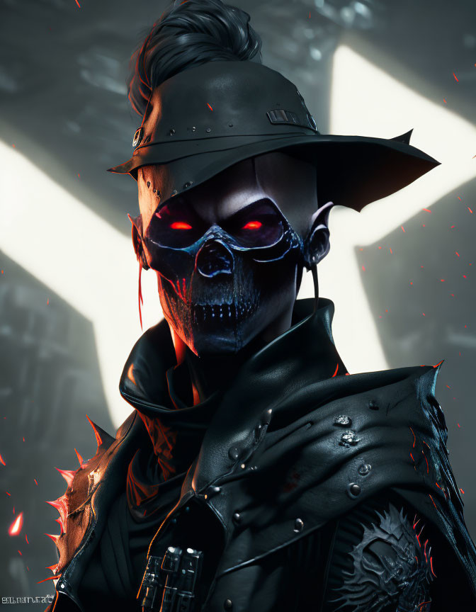 Skull-faced figure with red glowing eyes in military helmet and spiked shoulder pad in shadowy setting