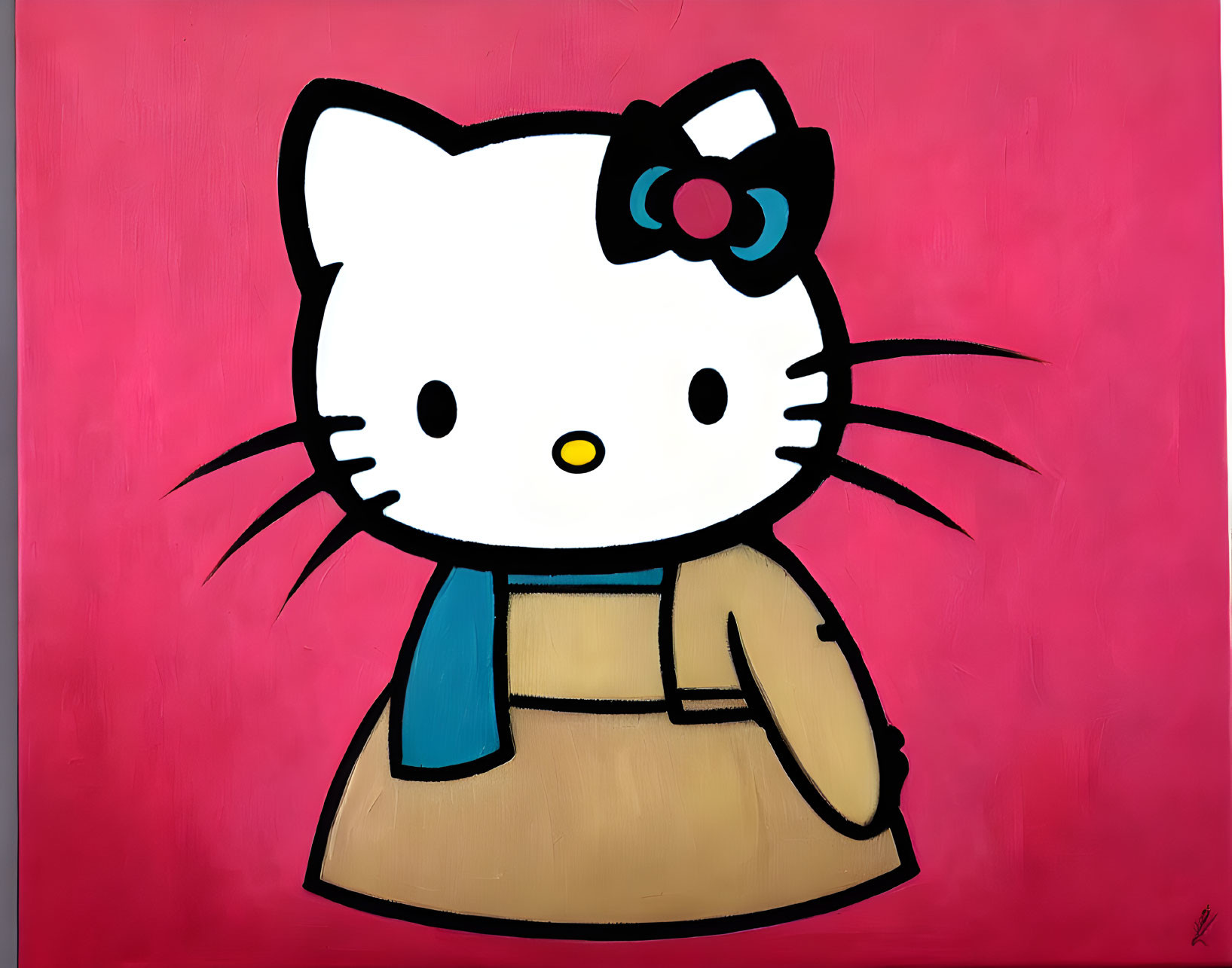 Hello Kitty painting with tan dress, blue scarf, pink background