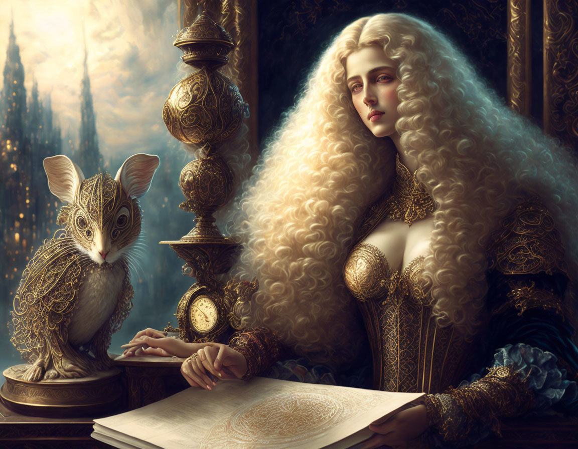 Blonde woman with curly hair admires rabbit sculpture in luxurious room