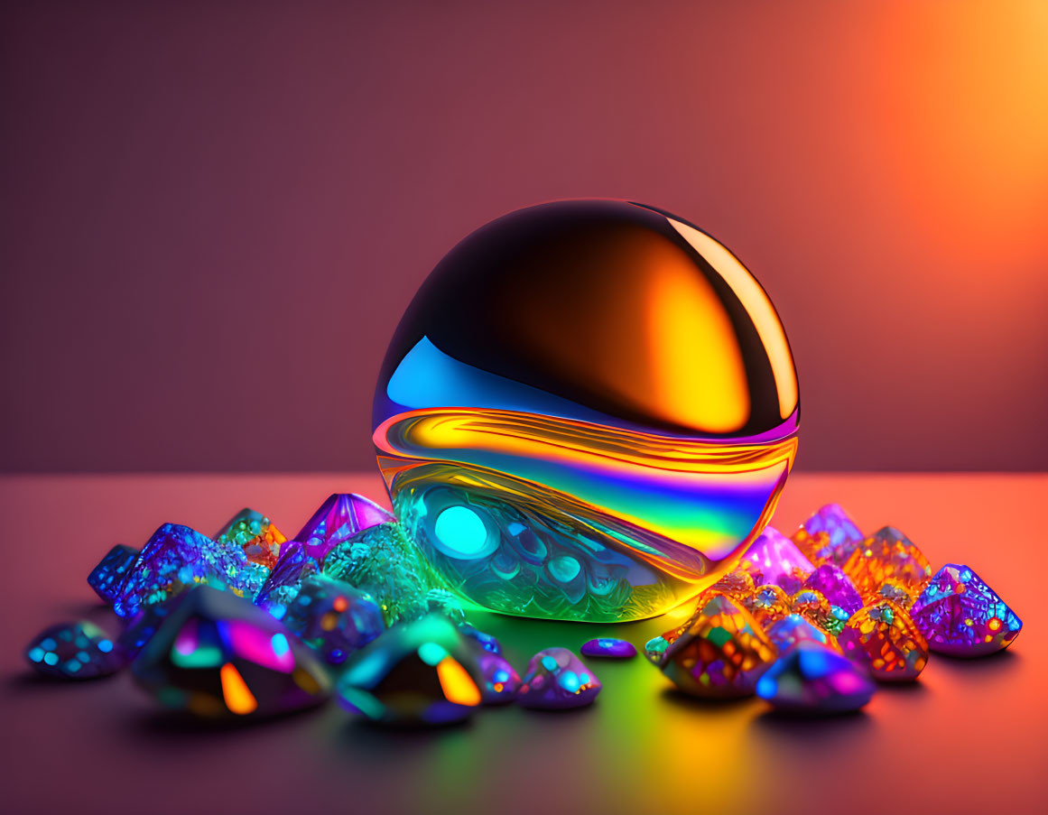 Vivid Crystal Sphere Among Gem-like Stones on Gradient Background