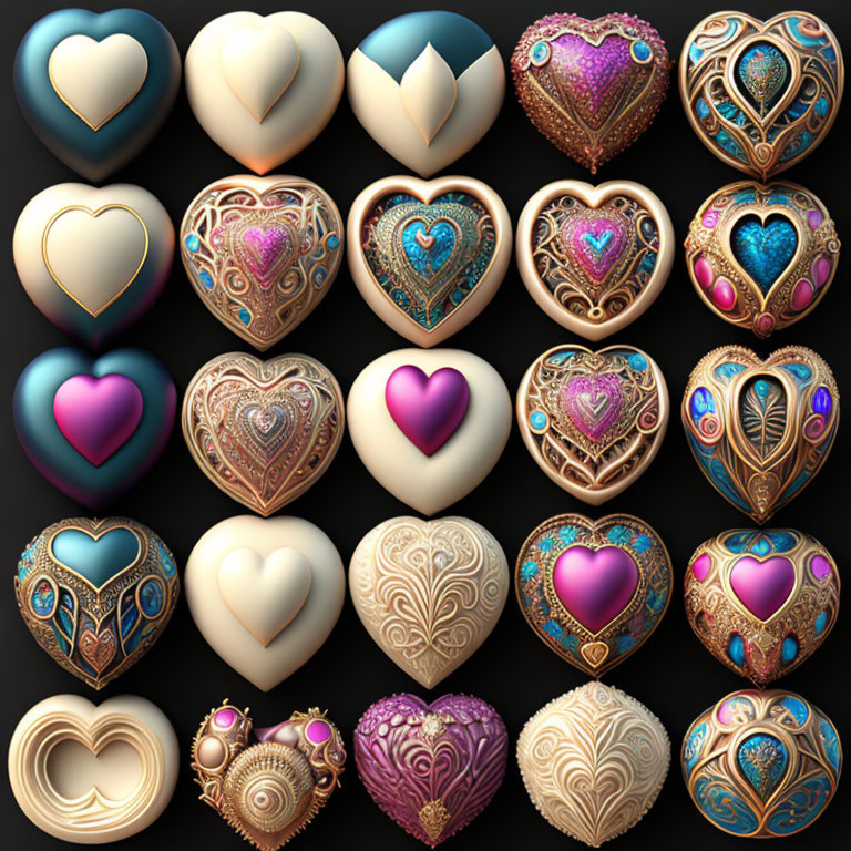 Ornate Heart-Shaped Icons with Gold Patterns and Jewels