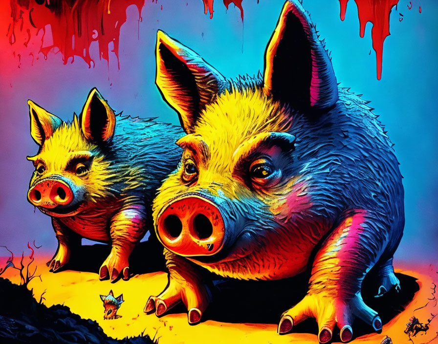 Vividly colored surreal pigs against red and blue backdrop