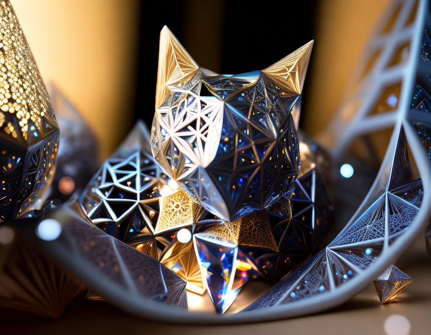 Polygonal Cat Sculpture Shining Among Geometric Objects