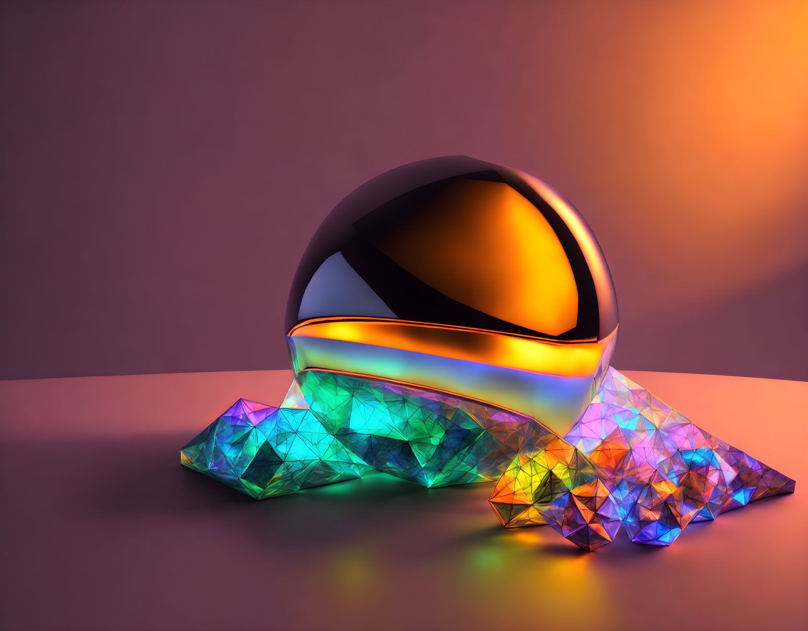 Reflective glass sphere on colorful gemstones with orange and purple lighting