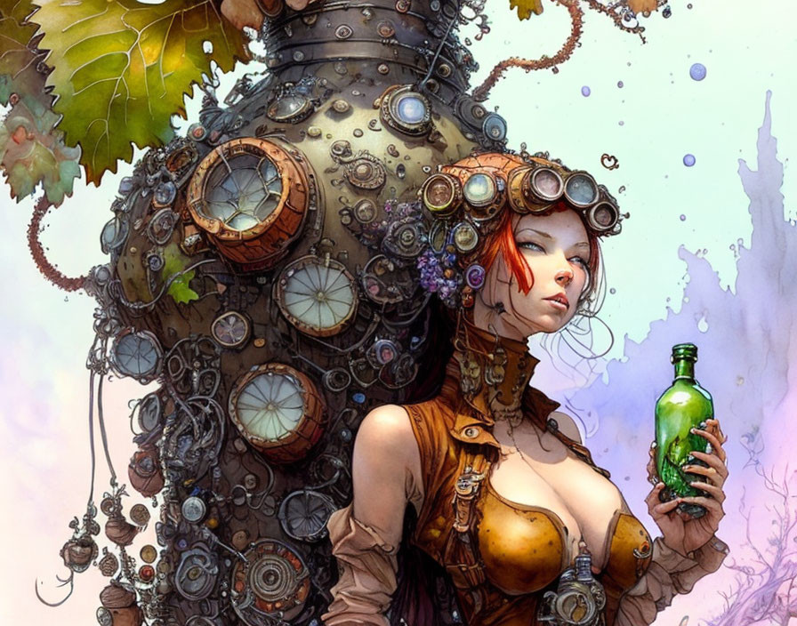 Steampunk-inspired woman with goggles holding green potion in front of whimsical machinery.