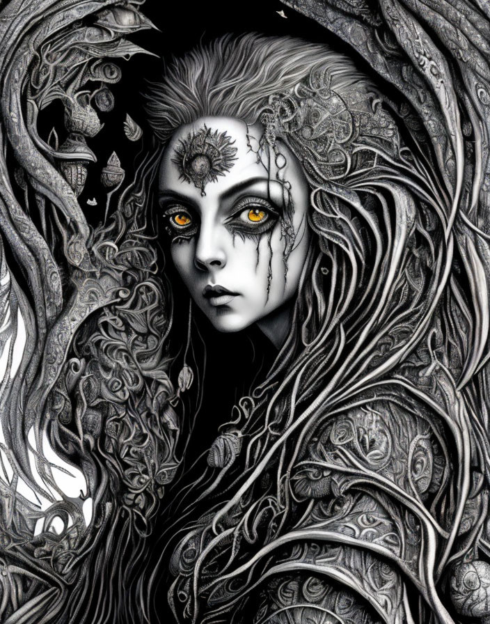 Monochromatic fantasy illustration of person with intricate skin patterns and swirling hair/vines