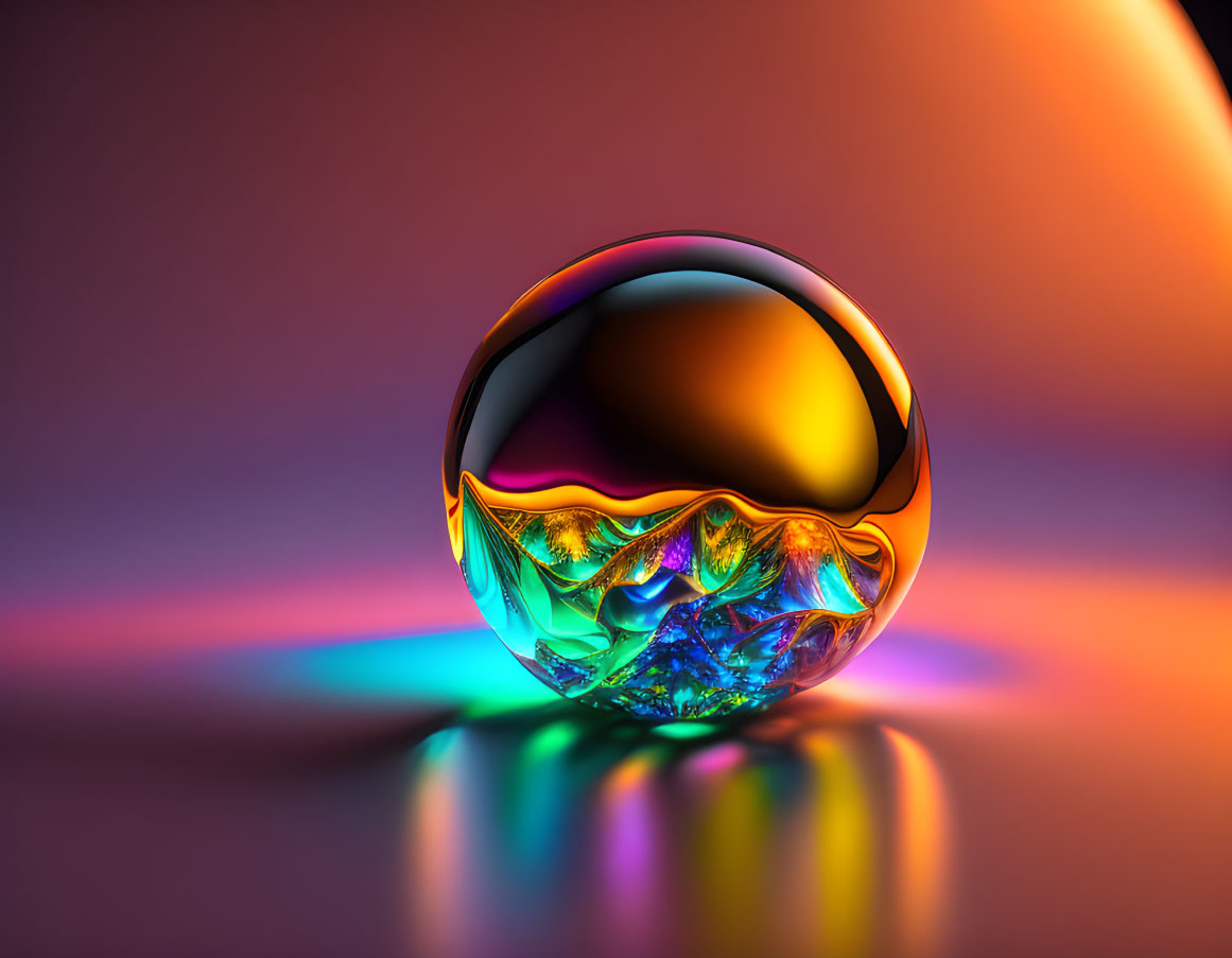 Iridescent Crystal Ball on Reflective Surface with Gradient Background