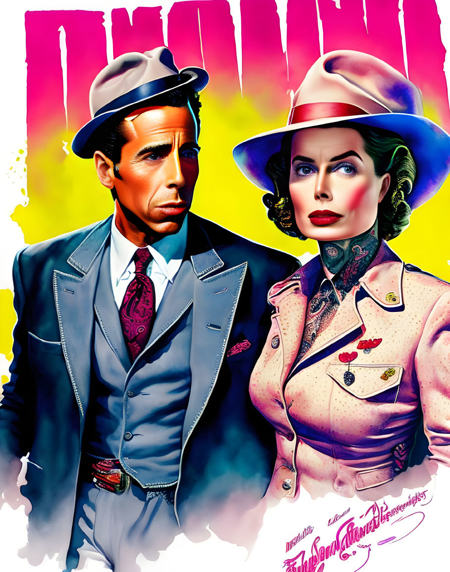 Colorful Vintage Fashion Illustration: Stylish Man and Woman in Suit, Fedora, Trench Coat