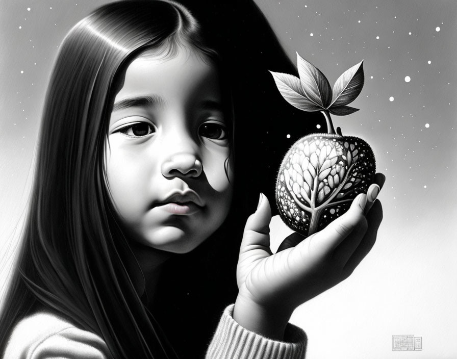 Monochrome illustration: Young girl with apple and snowflakes