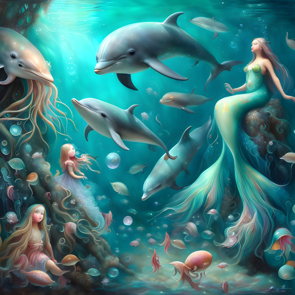 Ethereal underwater scene with mermaids, dolphins, coral, bubbles, and soft glowing light.