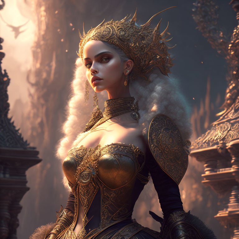 Regal woman in golden crown and armor against gothic backdrop