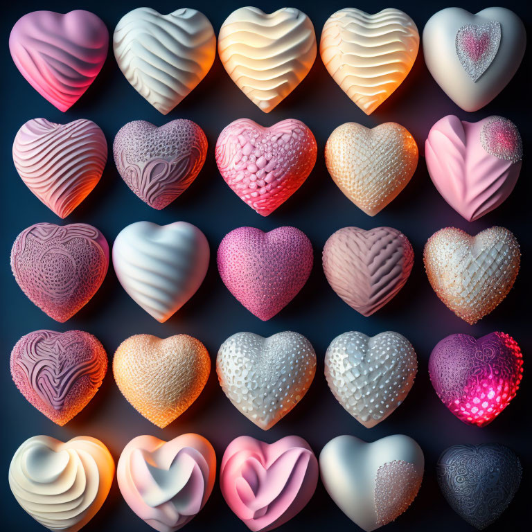 Stylized 3D heart illustrations in textures and shades on dark background