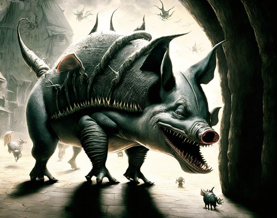 Illustration of large pig-like creature with spikes and sharp tusks in dark, moody landscape.