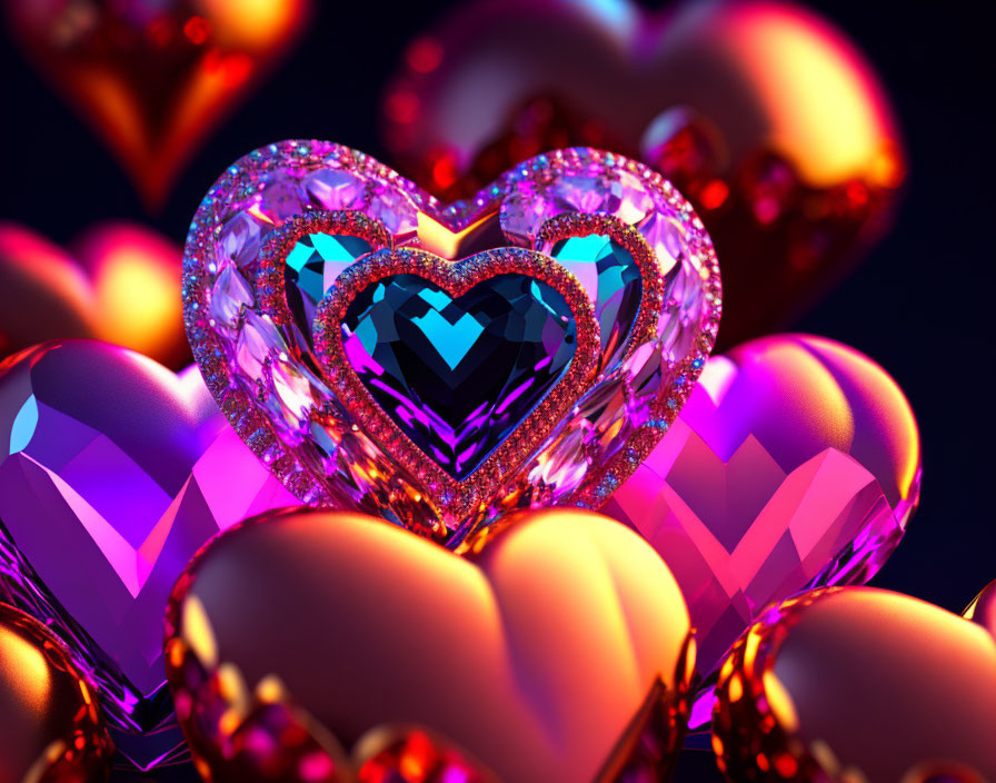 Colorful Glossy Hearts Collection with Ornate Jewel Heart on Dark Background