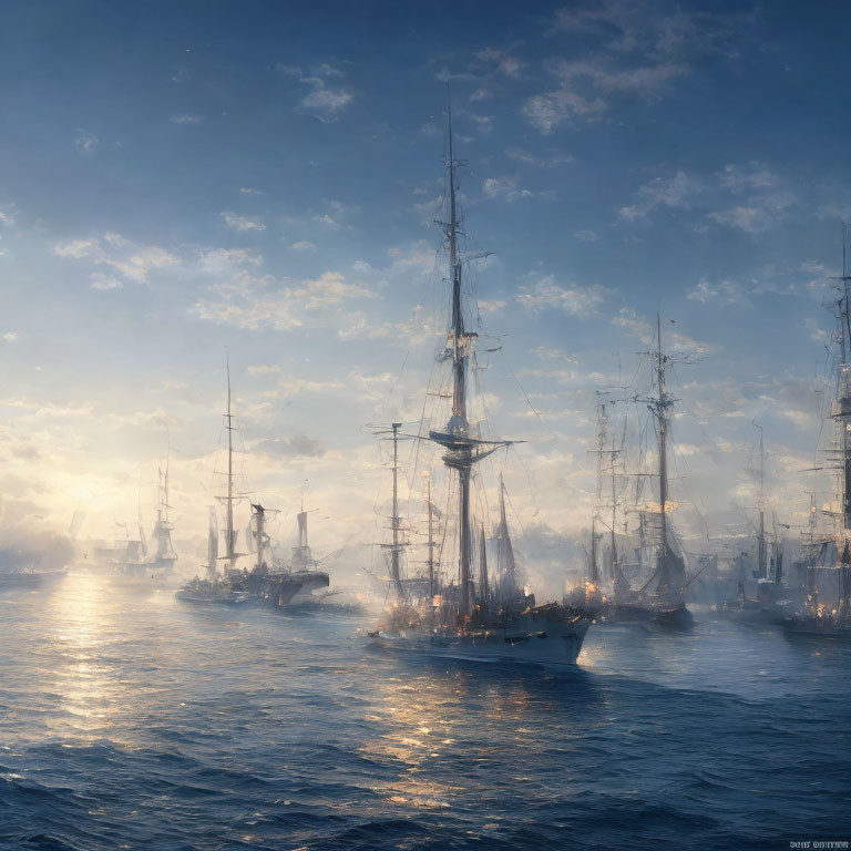 Tall ships with billowing sails in misty waters under the sun