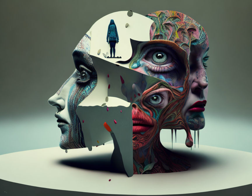 Surreal head profile split into sections with patterns and faces