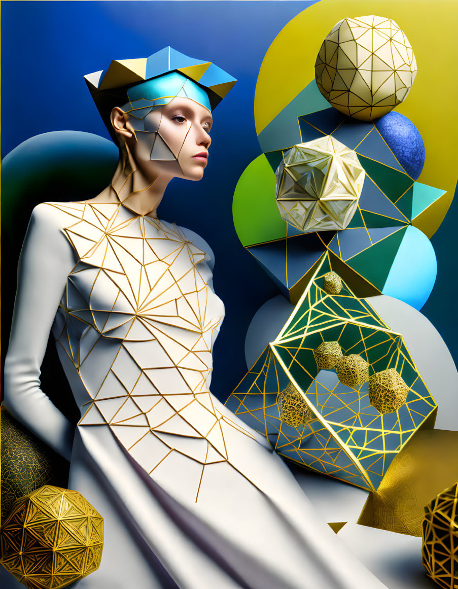 Geometric headpiece woman in white among abstract 3D shapes