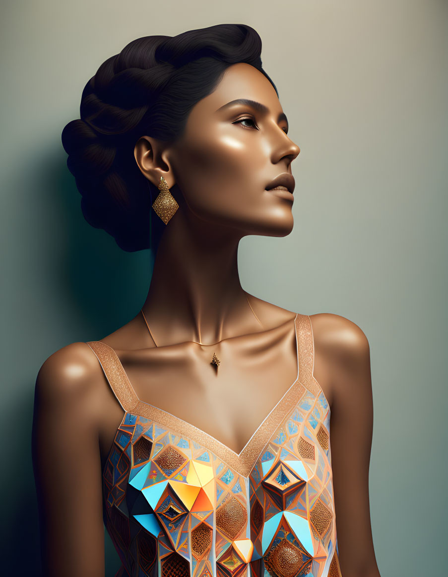 Bronze-themed woman illustration with geometric dress on teal background