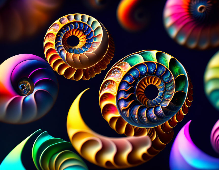 Colorful Fractal Shells: Spirals on Dark Background