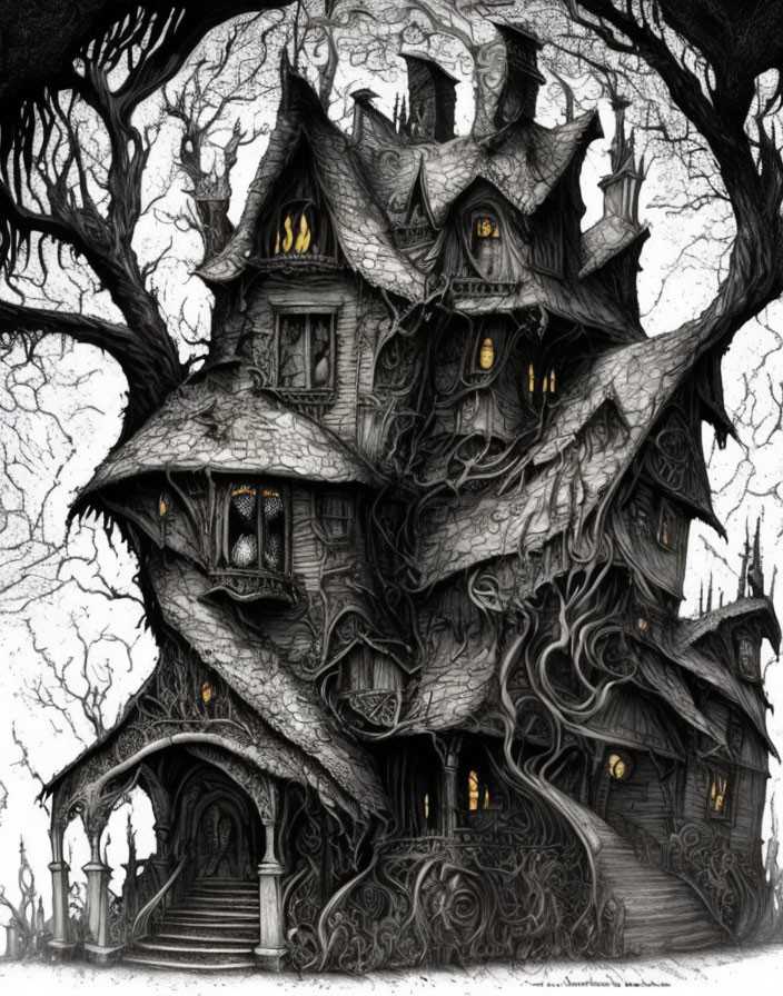 Detailed Gothic Treehouse Illustration Surrounded by Barren Trees